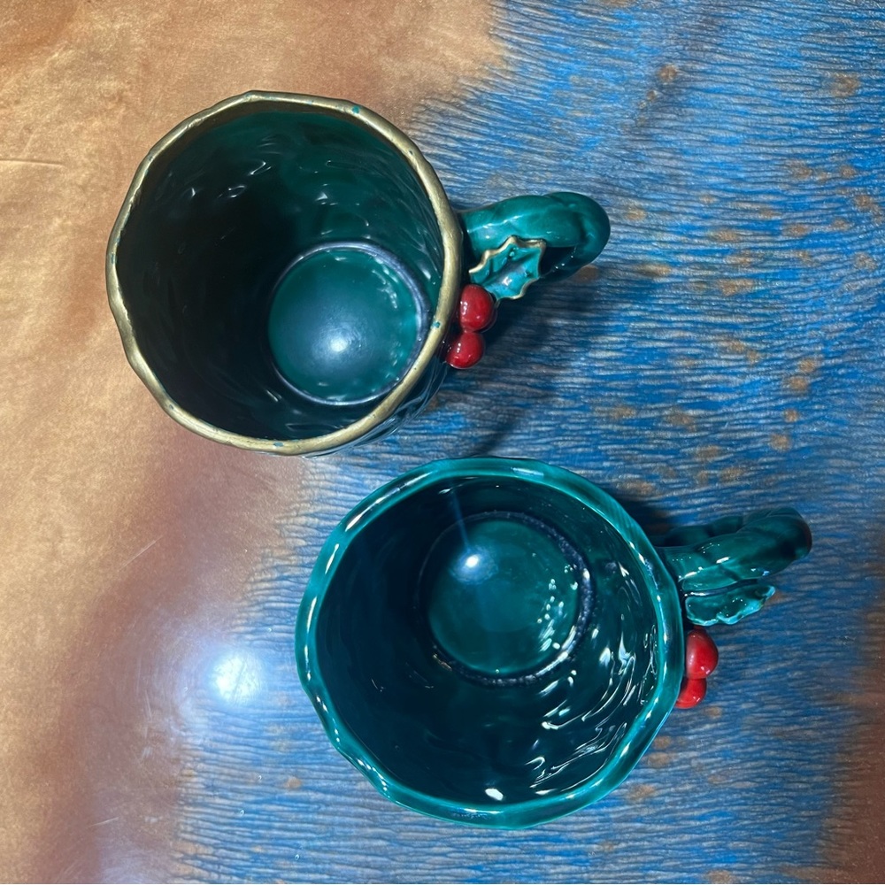Vintage MCM Lefton Japan Green Holly Leaves Ceramic Christmas Demitasse set of 2 - Picture 5 of 11